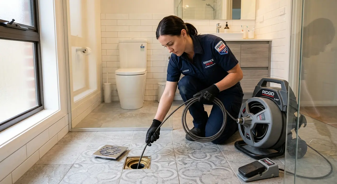 Technician clearing a bathroom floor drain for Drain Repair in St. Johns